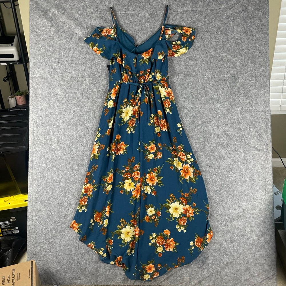 By & By NWT Women’s Floral High-Low Maxi Dress Teal Cold Shoulder Boho Ruffle XS - Picture 5 of 12